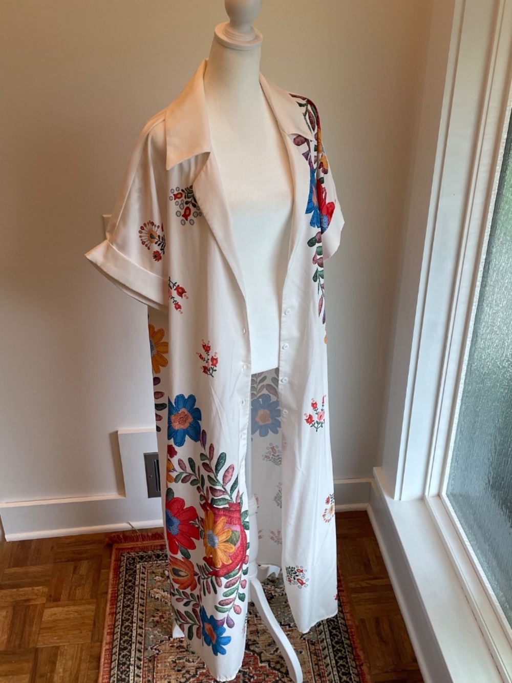 Shein Curve + Boho Casual White Floral Print Maxi Shirt Dress Robe Cover-up XL - Picture 4 of 12